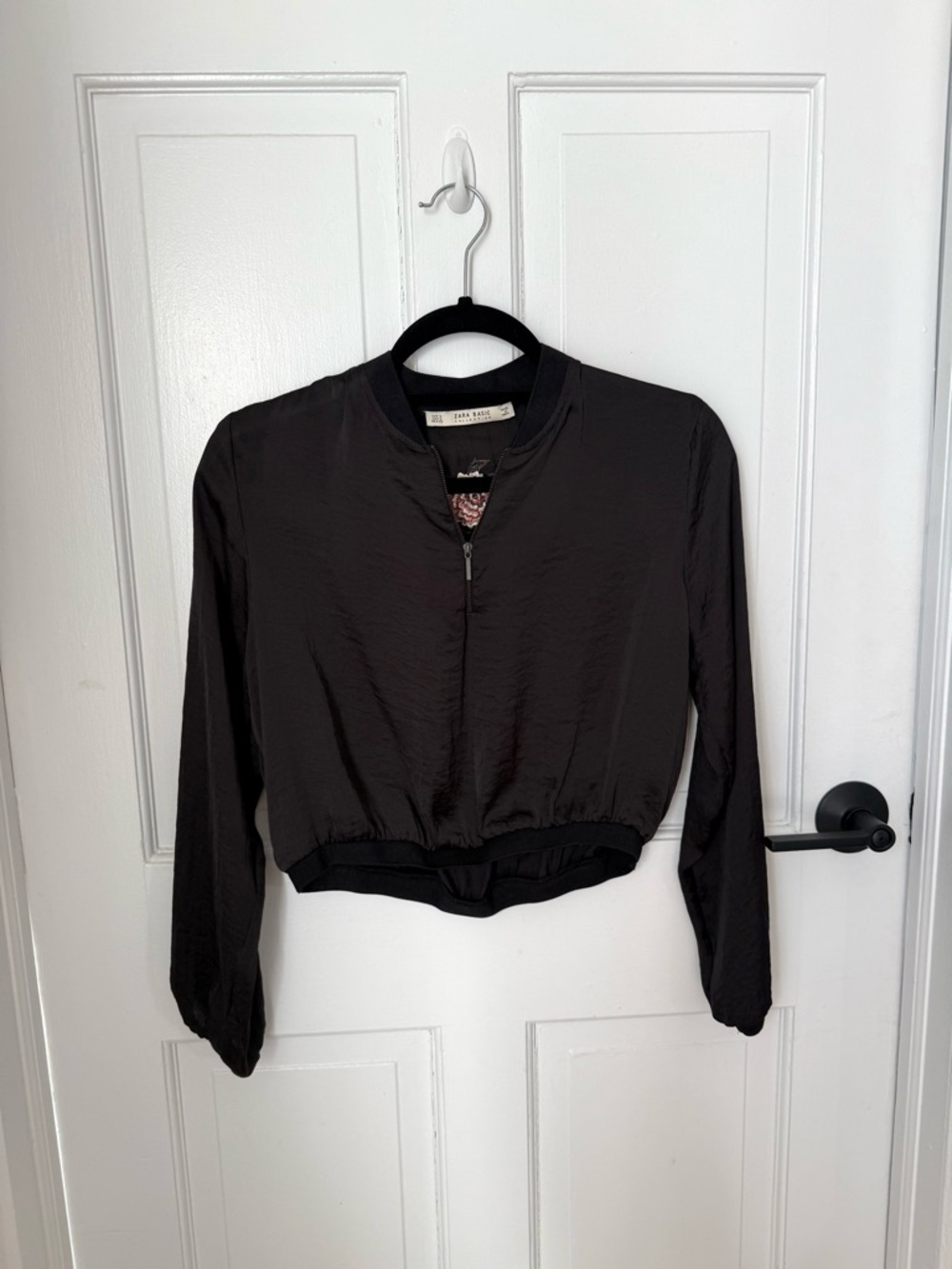 Zara Black Half-Zip Bomber with Floral Design